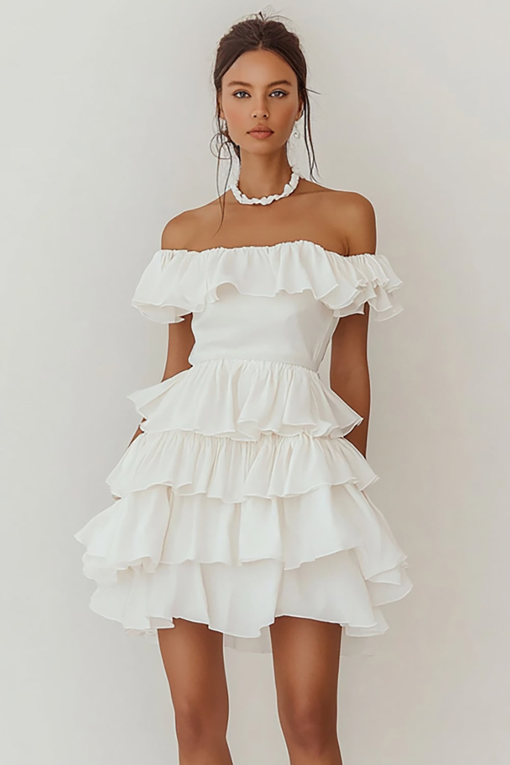 White Chiffon A Line Off the Shoulder Short Graduation Dress with Ruffles
