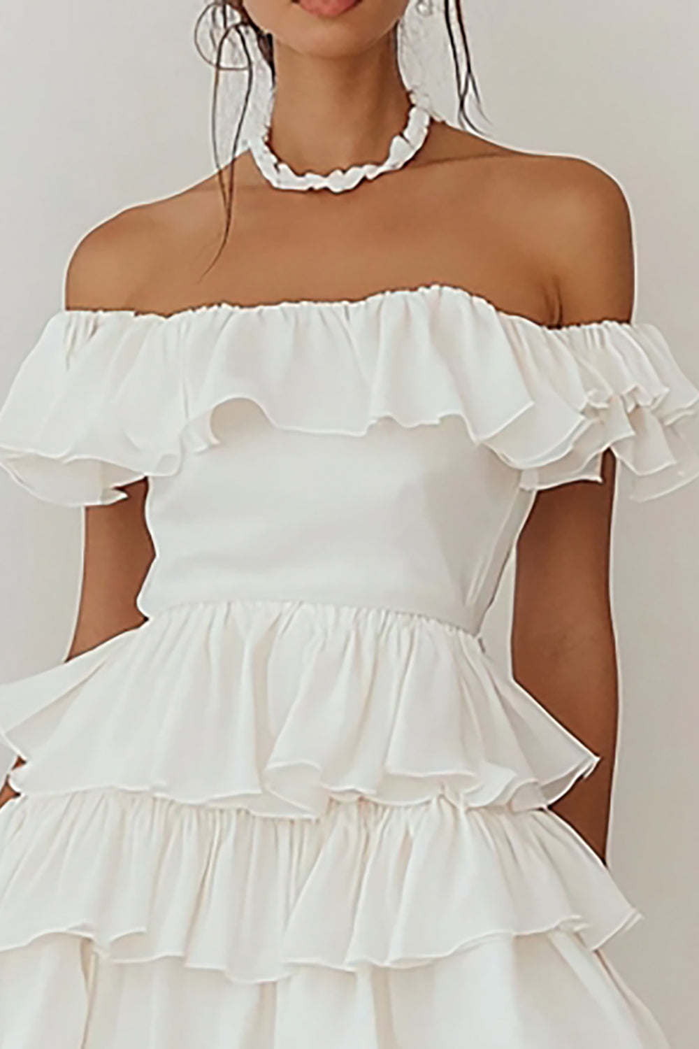 White Chiffon A Line Off the Shoulder Short Graduation Dress with Ruffles