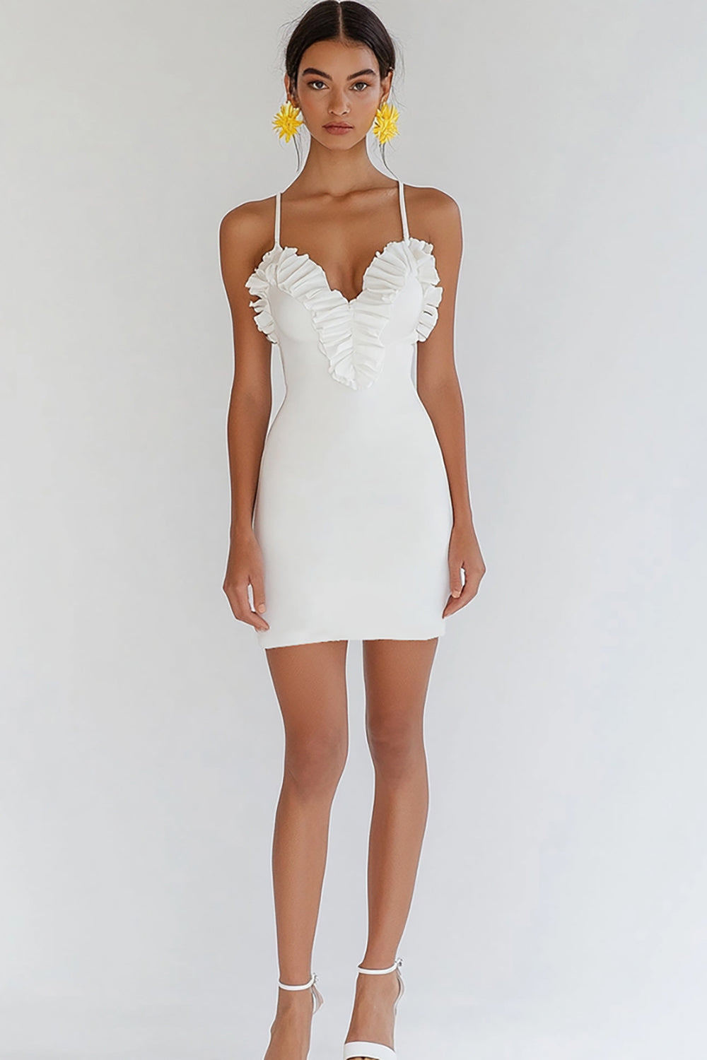 White Bodycon Spaghetti Straps Mini Graduation Dress with Ruffles