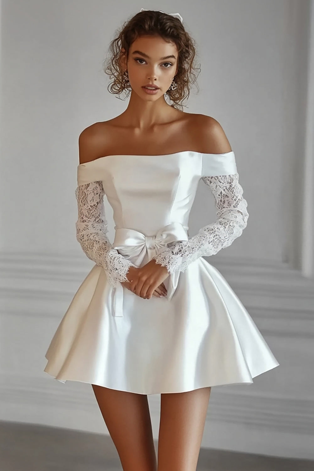 White Off The Shoulder A Line Short Satin Graduation Dress with Lace