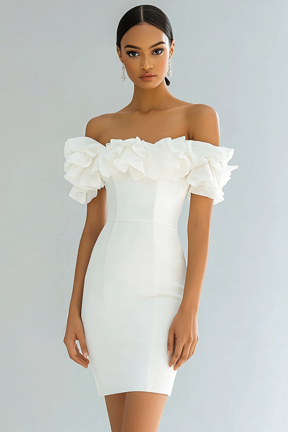 Ivory Bodycon Off the Shoulder Short Satin Graduation Dress
