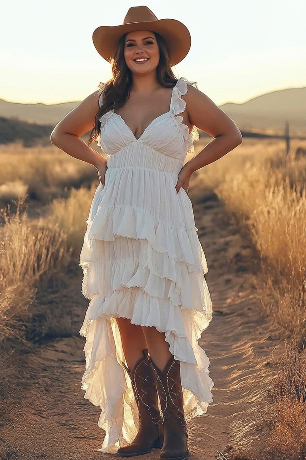 Plus Size Ivory A Line Tiered High Low Rehearsal Dinner Dress