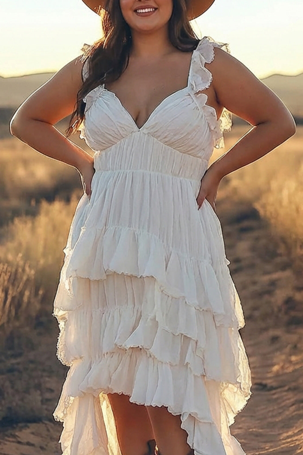 Plus Size Ivory A Line Tiered High Low Rehearsal Dinner Dress