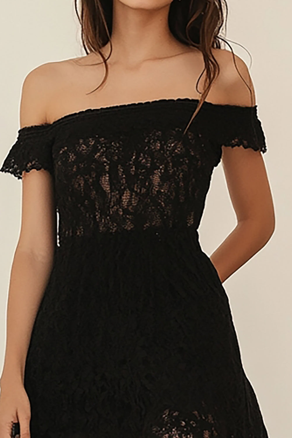Black A Line Off the Shoulder Lace High-Low Cocktail Dress