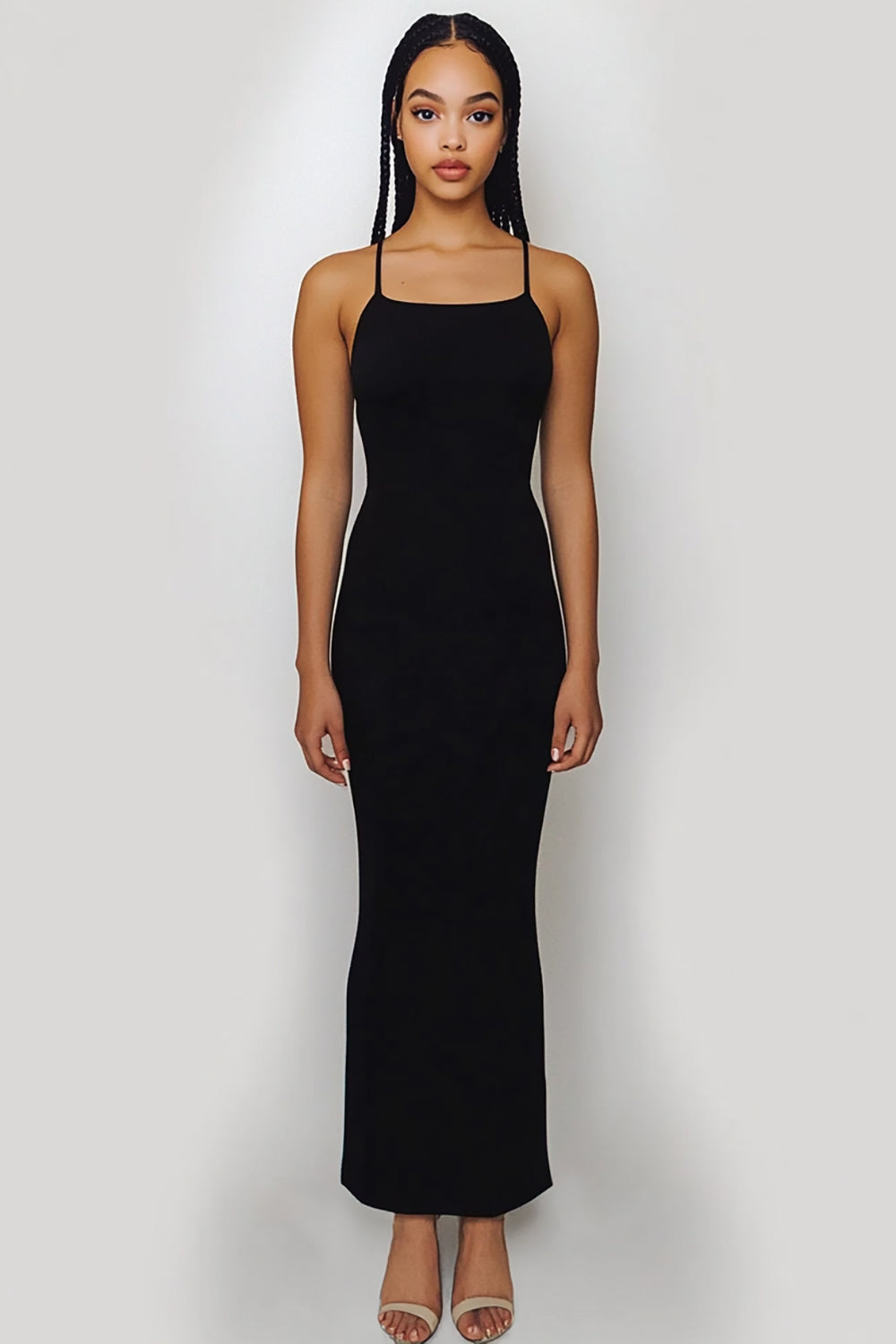 Black Spaghetti Straps Satin Sheath Long Formal Dress