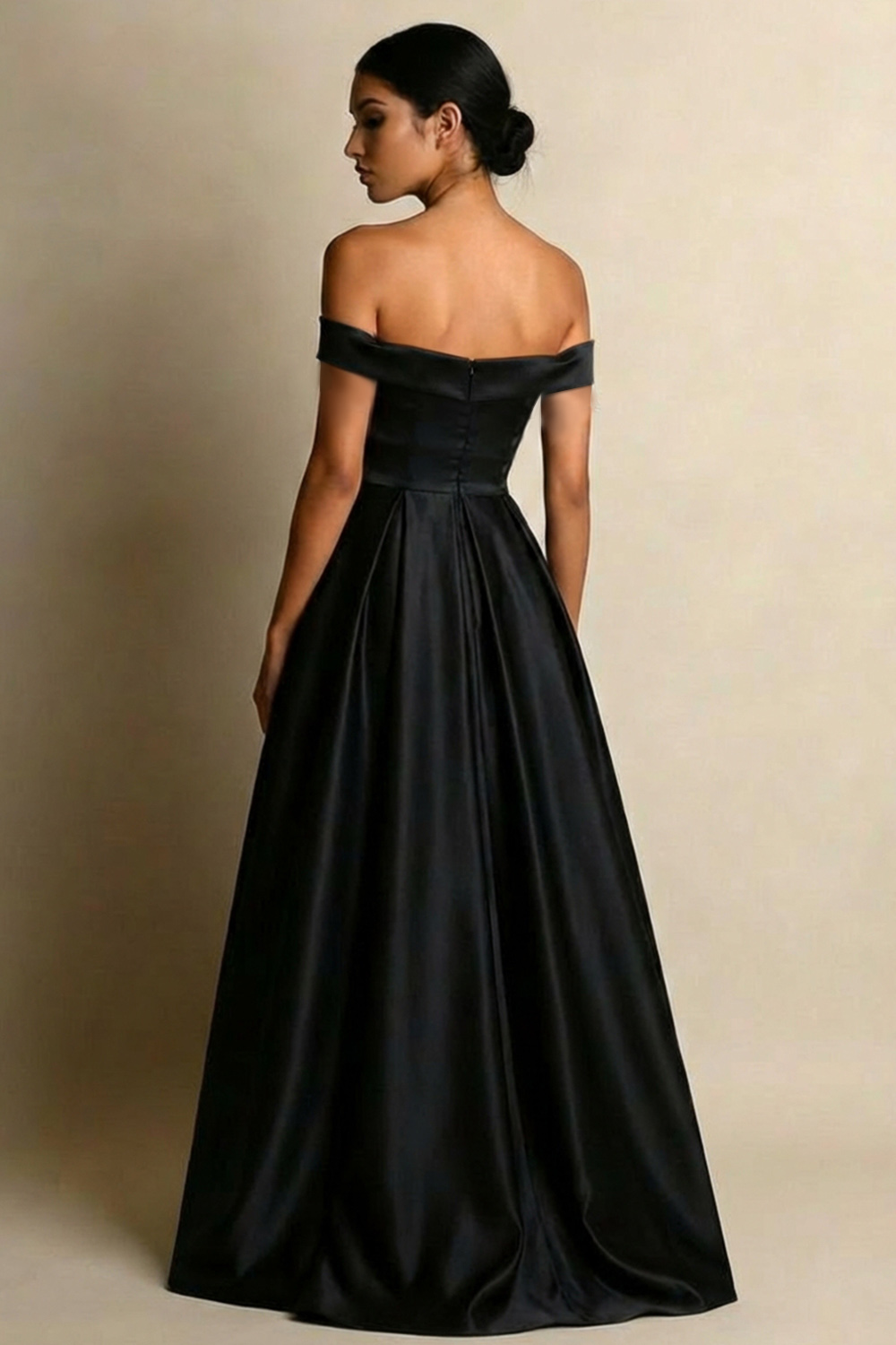 Black A Line Off the Shoulder Satin Long Formal Dress with Slit