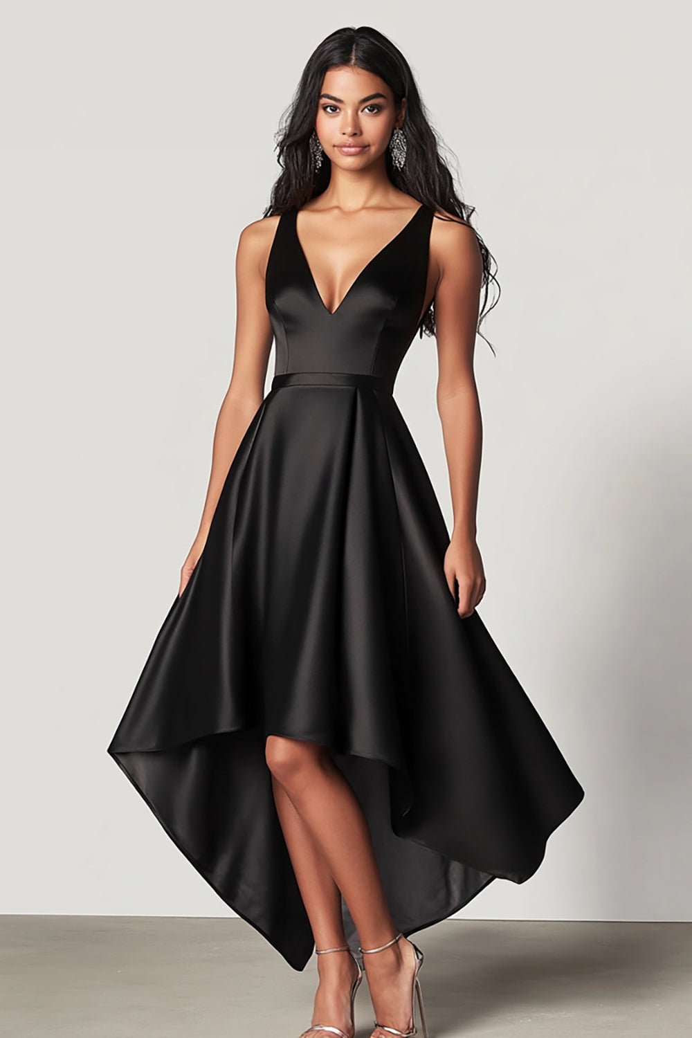 Black A Line High-Low V-Neck Formal Dress