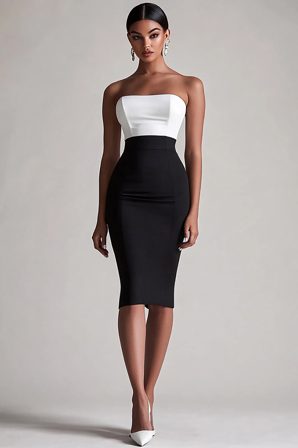 Black and White Strapless Satin Bodycon Midi Cocktail Dress