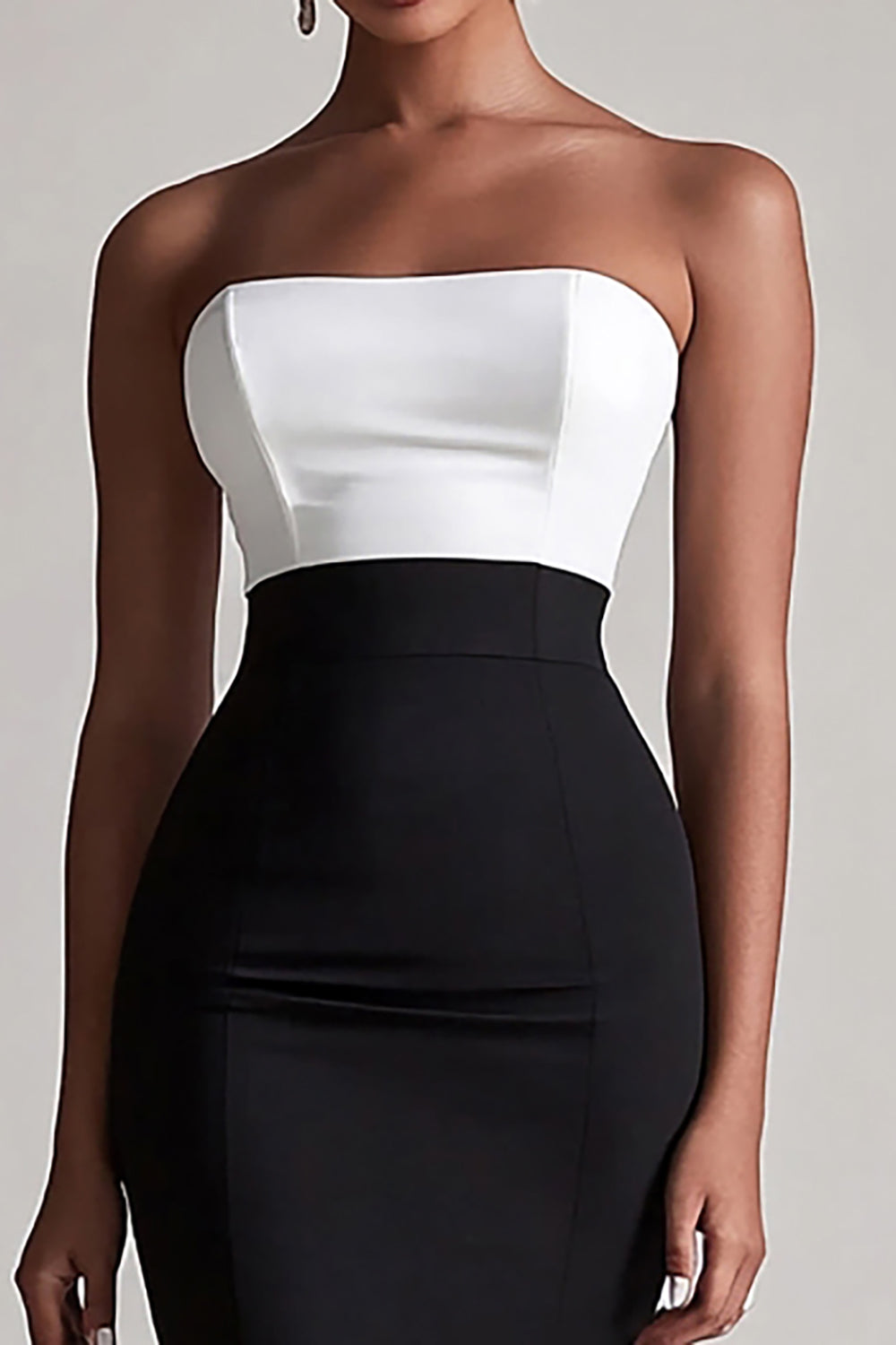 Black and White Strapless Satin Bodycon Midi Cocktail Dress
