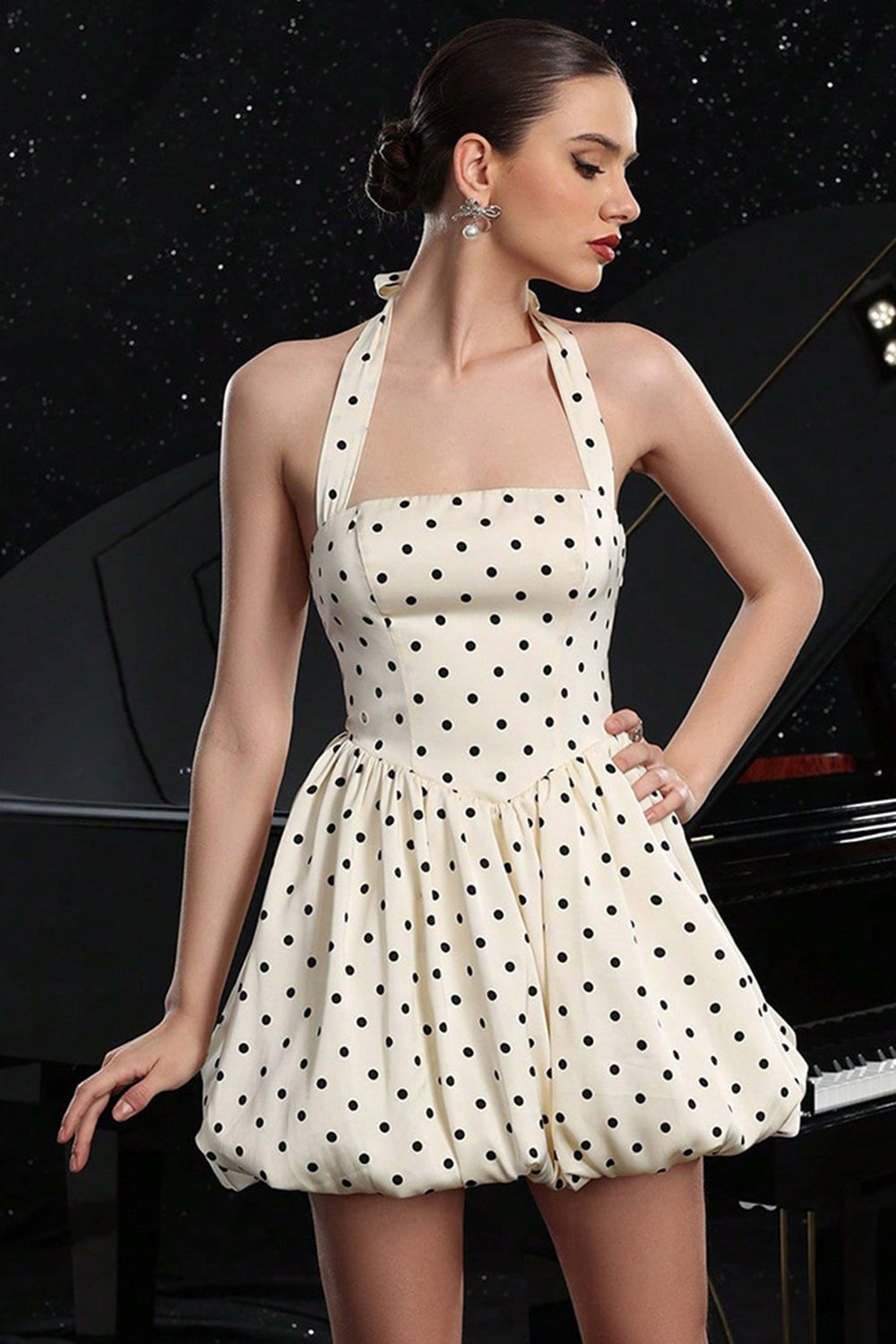 Black and White Halter Polka Dots A Line Short Vintage Homecoming Dress