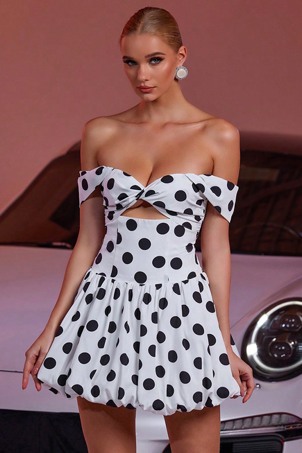 Black and White Vintage Polka Dots A Line Cut Out Short Homecoming Dress