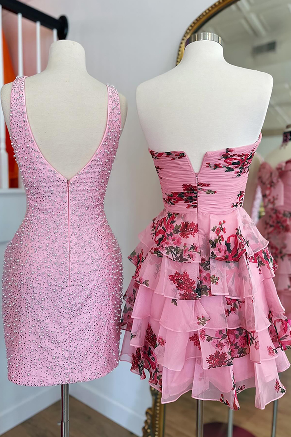 Floral White Blue Tiered Strapless Short Chiffon Homecoming Dress