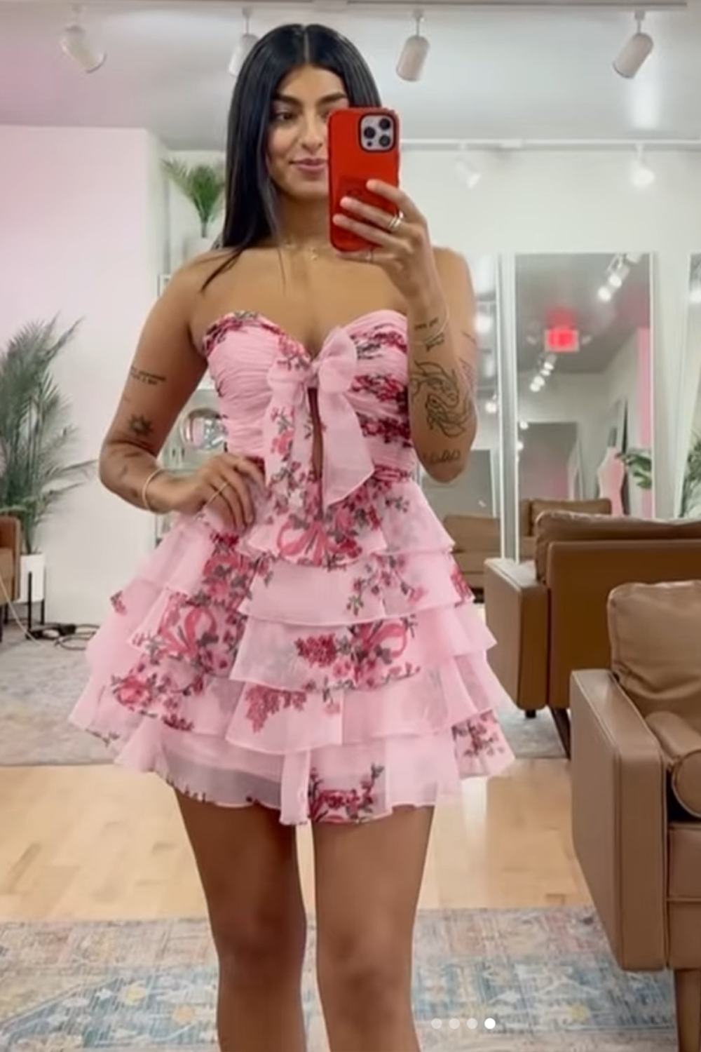 Floral Pink A Line Ruched Sweetheart Short Chiffon Homecoming Dress