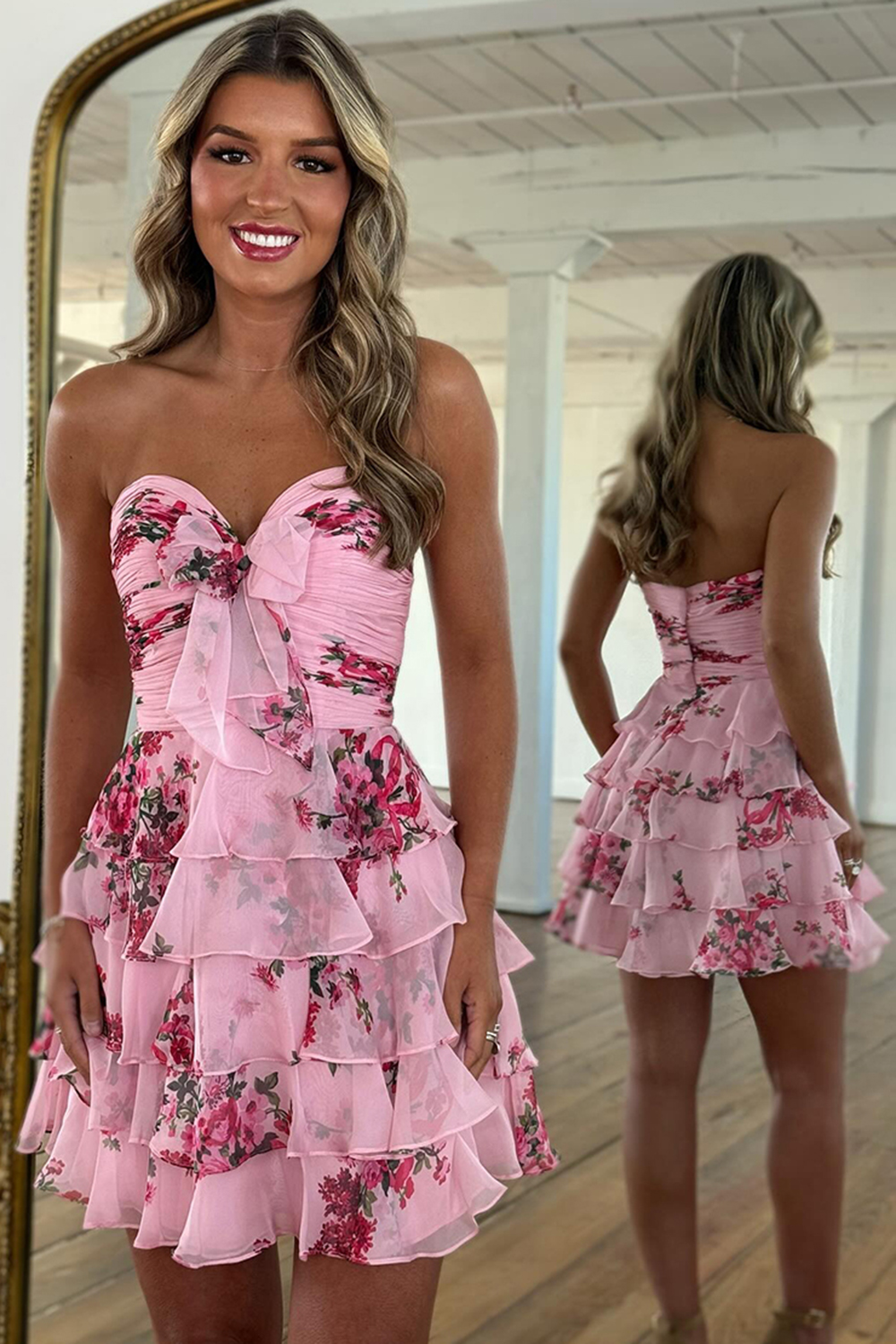 Floral Pink Tiered Strapless Short Homecoming Dress with Bow