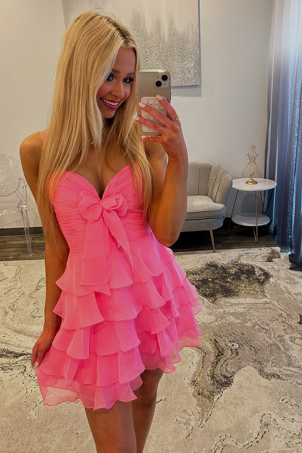 Pink A Line Tiered Short Ruffled Homecoming Dress with Bow