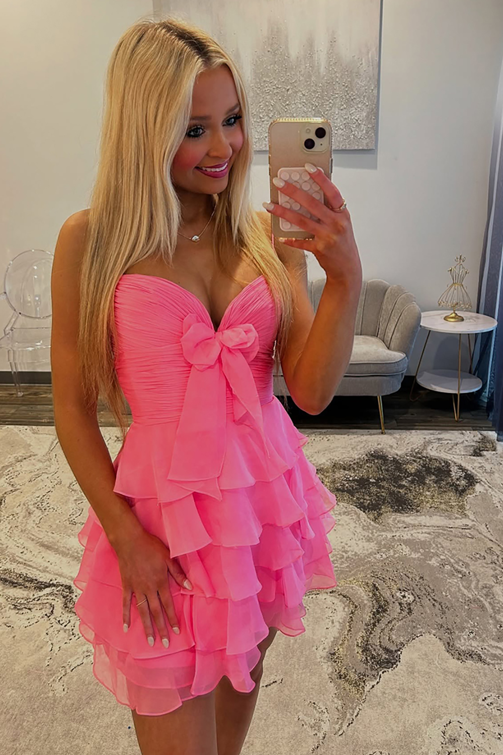 Pink A Line Tiered Short Ruffled Homecoming Dress with Bow