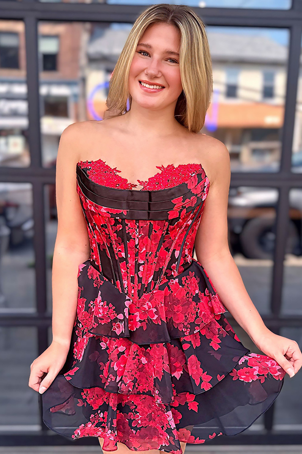 Floral Black Red Strapless Tiered Short Corset Homecoming Dress with Ruffles