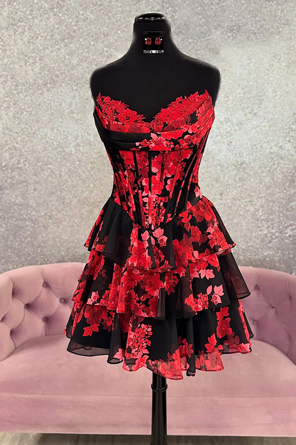 Floral Black Red Strapless Tiered Short Corset Homecoming Dress with Ruffles