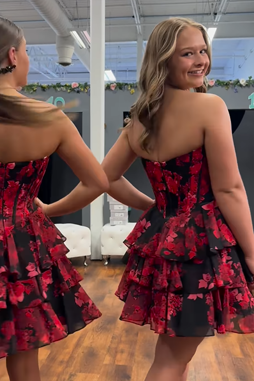 Floral Black Red Strapless Tiered Short Corset Homecoming Dress with Ruffles