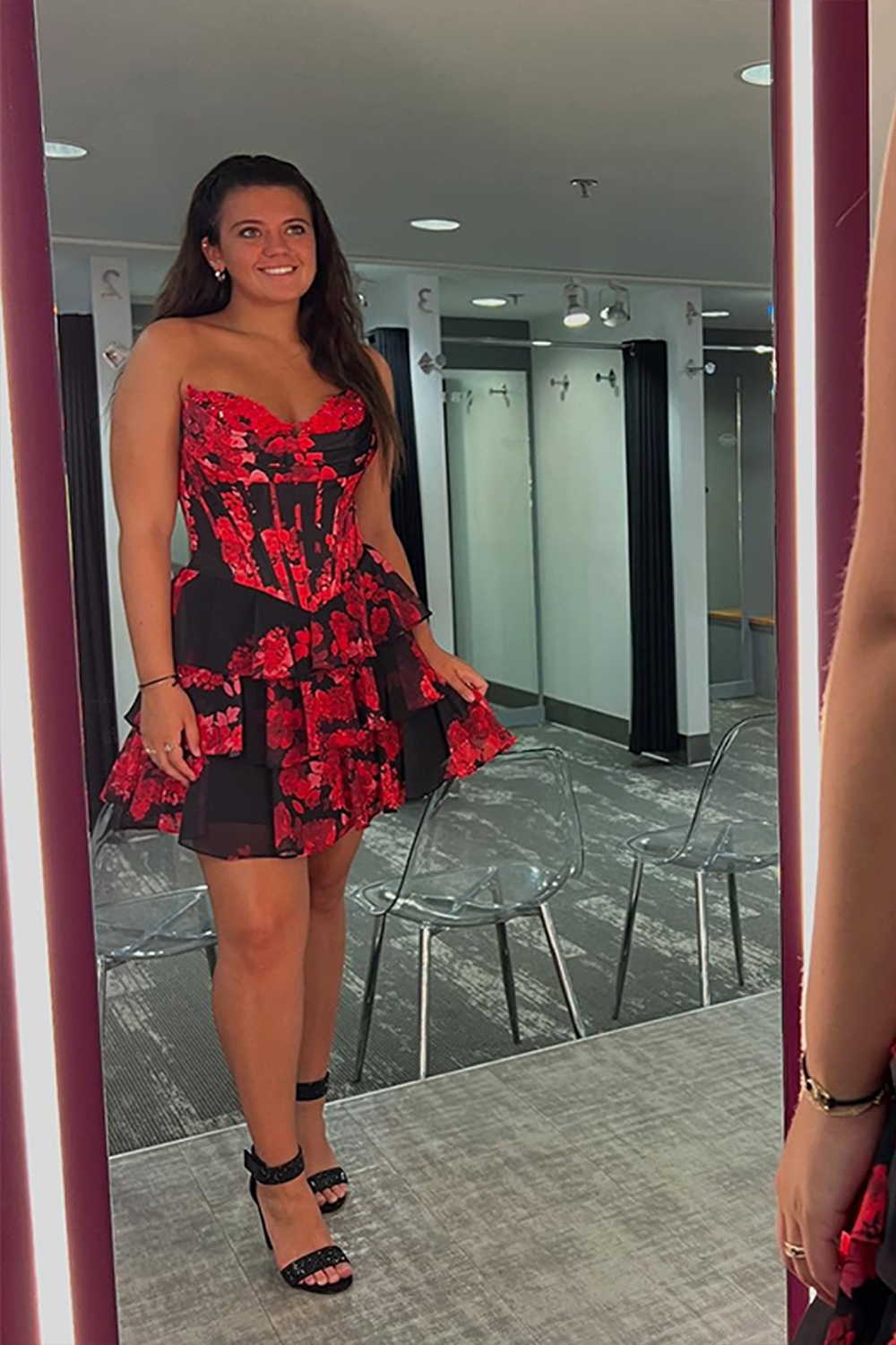 Floral Black Red Strapless Tiered Short Corset Homecoming Dress with Ruffles