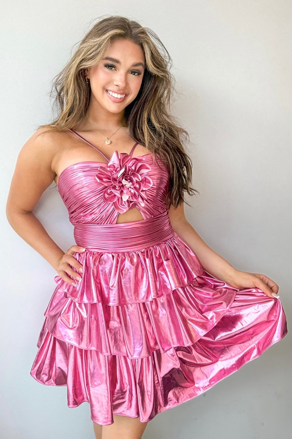 Fuchsia Metallic Floral Tiered A Line Short Homecoming Dress
