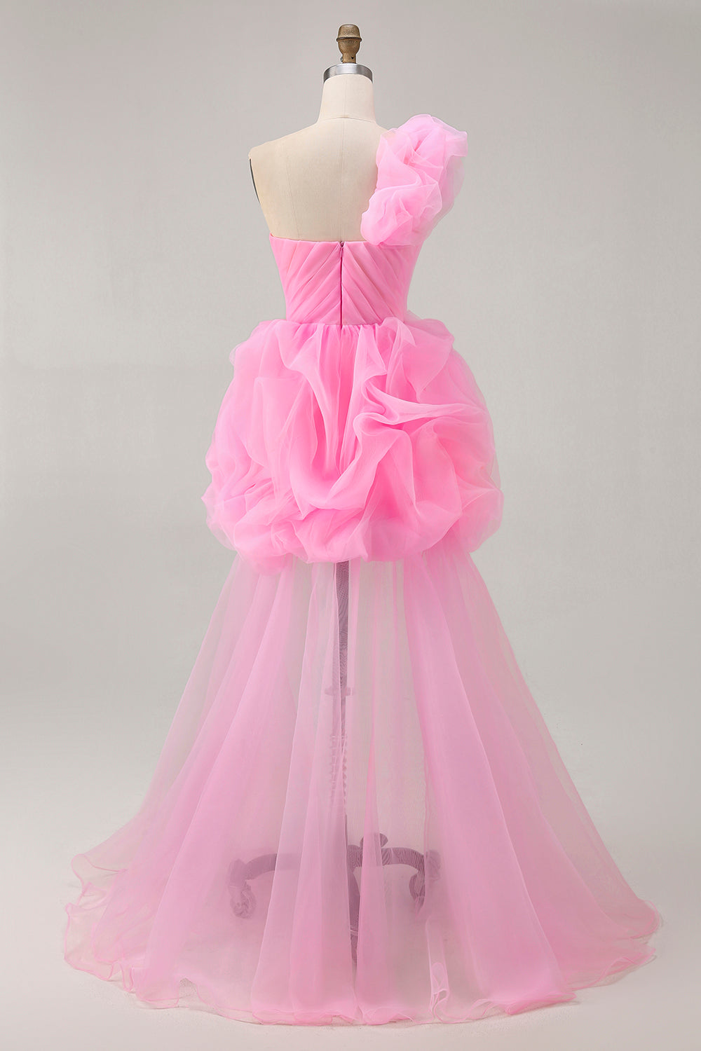 Hot Pink Tulle One Shoulder Ruffled Floral High-Low Homecoming Dress