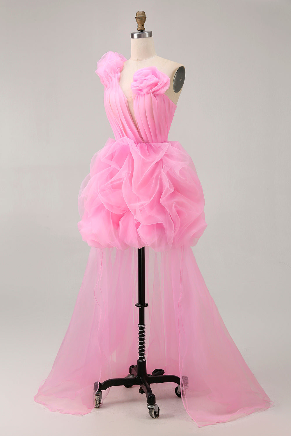 Hot Pink Tulle One Shoulder Ruffled Floral High-Low Homecoming Dress