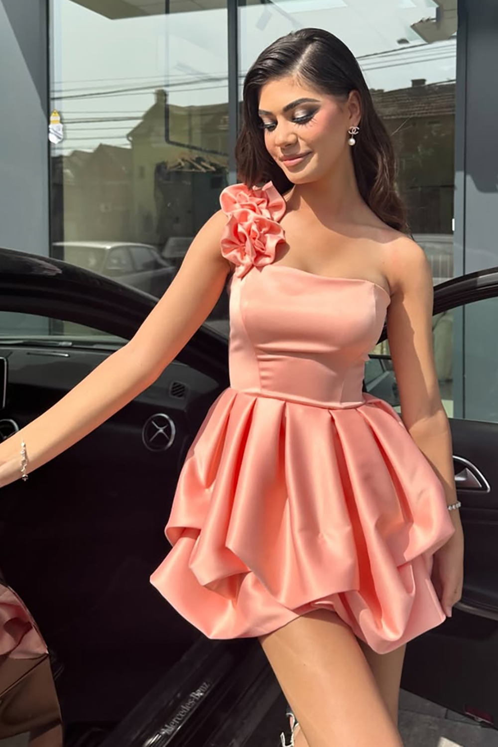 Orange A Line Satin Short Homecoming Dress with Ruffles