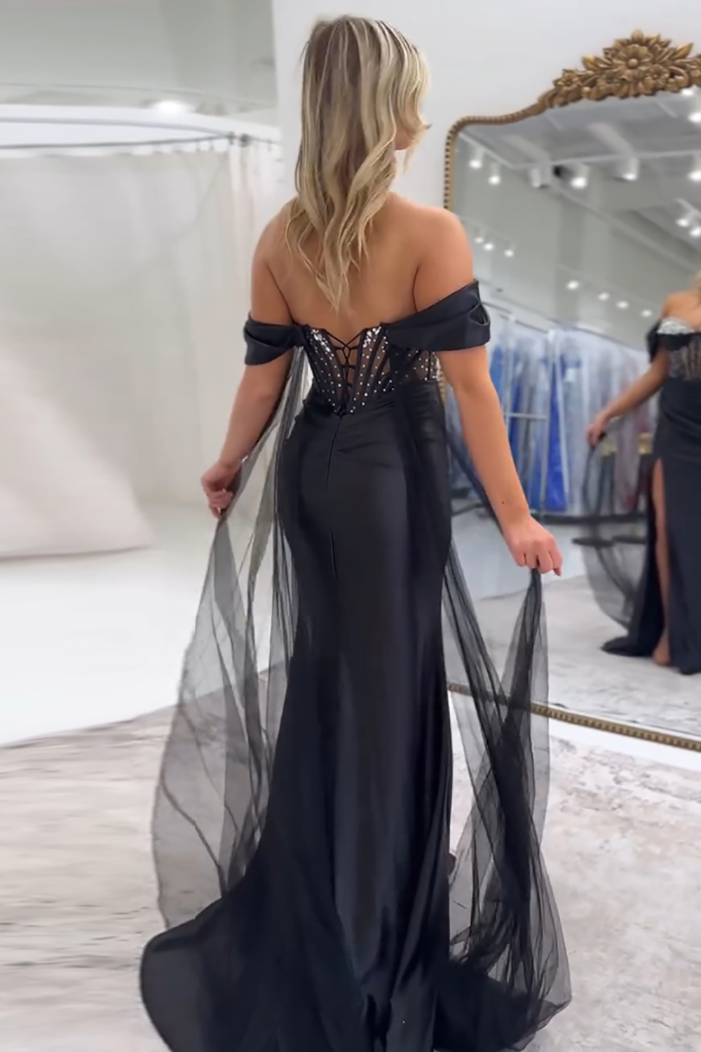 Sparkly Black Corset Satin Mermaid Long Prom Dress with Slit