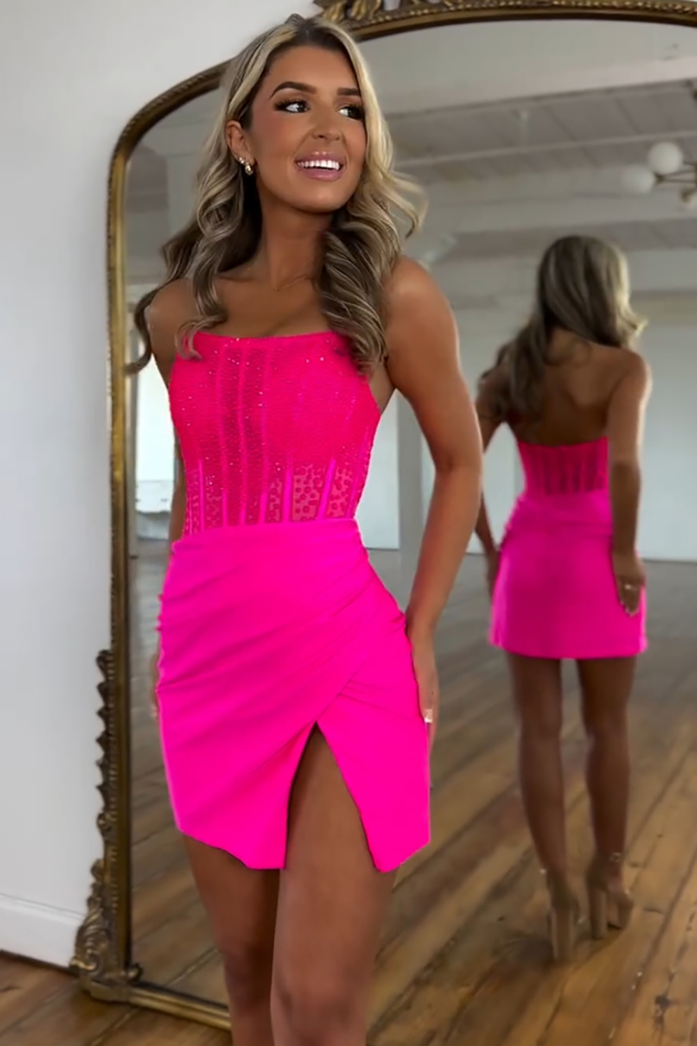 Fuchsia Bodycon Corset Short Homecoming Dress with Slit