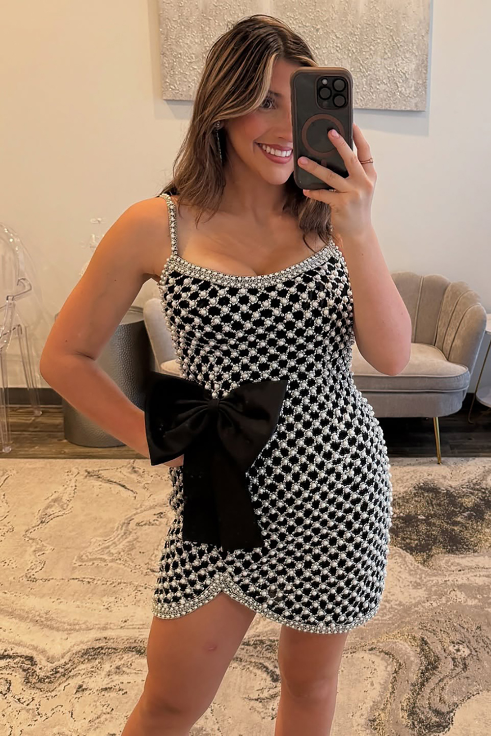 Sparkly Black Spaghetti Straps Short Bodycon Homecoming Dress with Bow