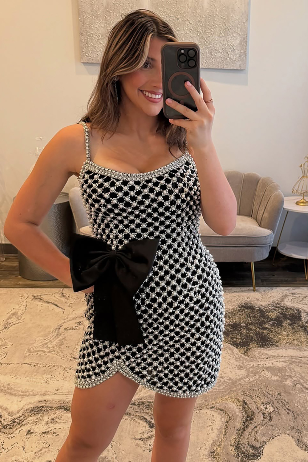 Sparkly Black Spaghetti Straps Short Bodycon Homecoming Dress with Bow