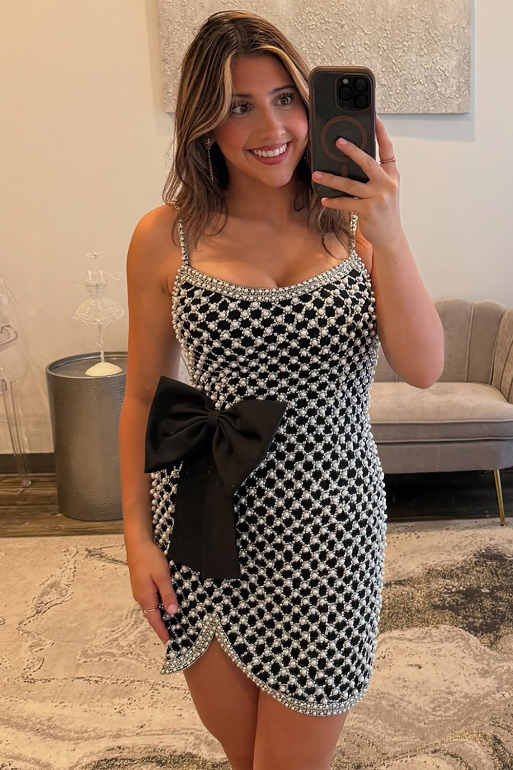 Sparkly Black Spaghetti Straps Short Bodycon Homecoming Dress with Bow