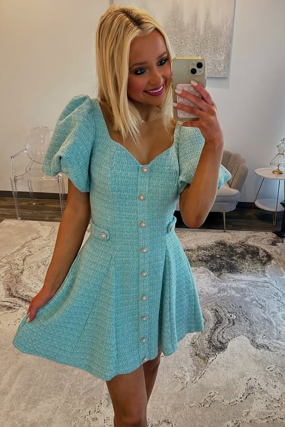 Blue A Line Single Breasted Short Tweed Homecoming Dress with Puff Sleees