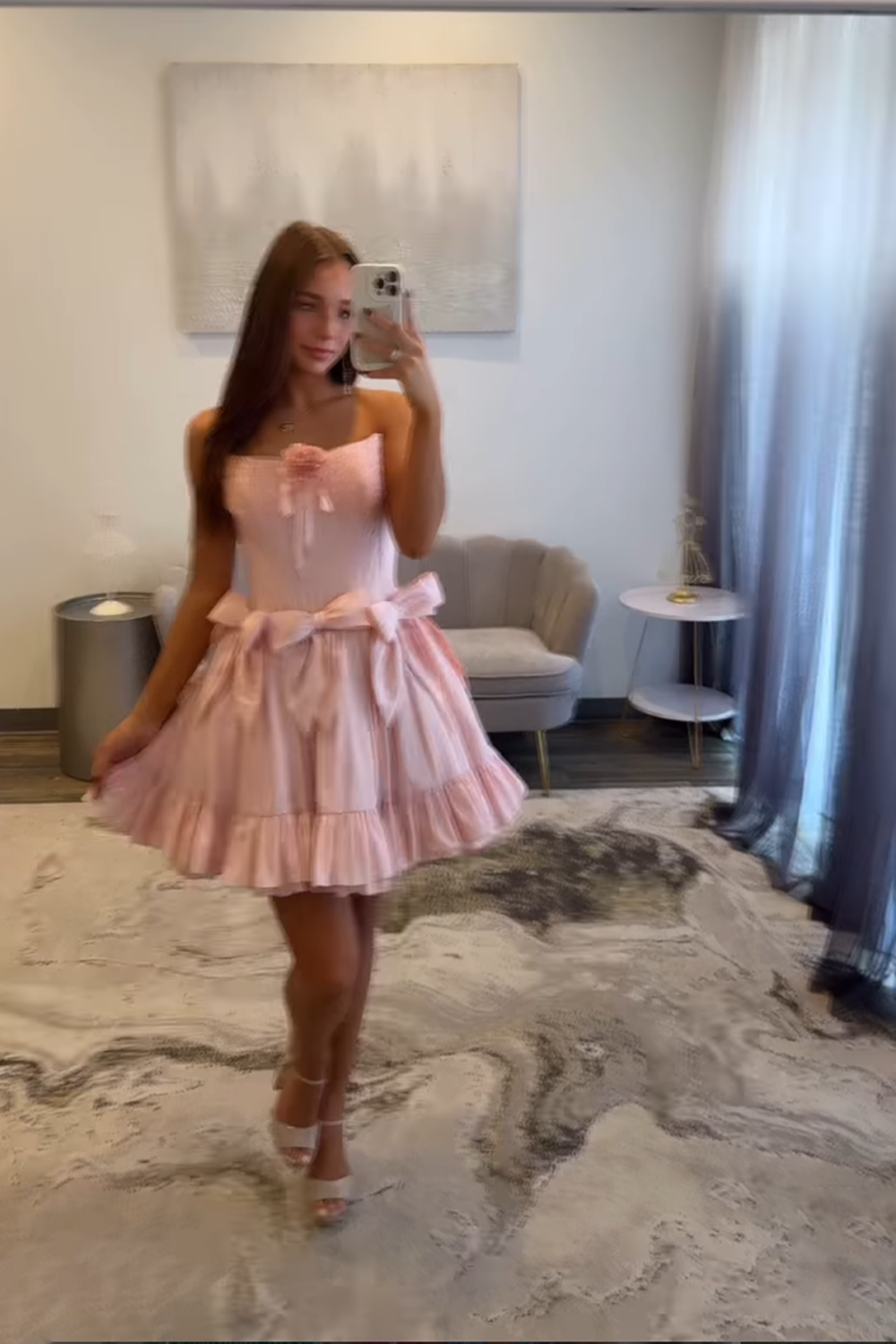 Pink Satin Corset Strapless Short Ruffled Homecoming Dress with Bows