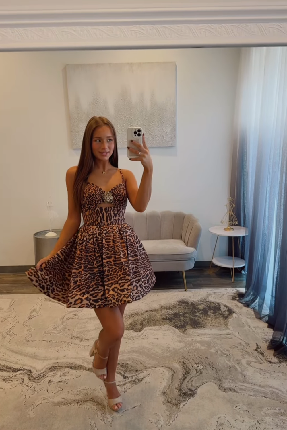 Brown Leopard A Line Spaghetti Straps Short Homecoming Dress