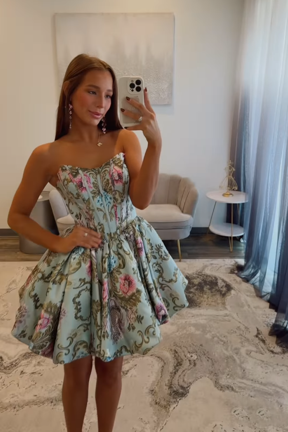 Floral Green Corset Strapless Short Satin Homecoming Dress