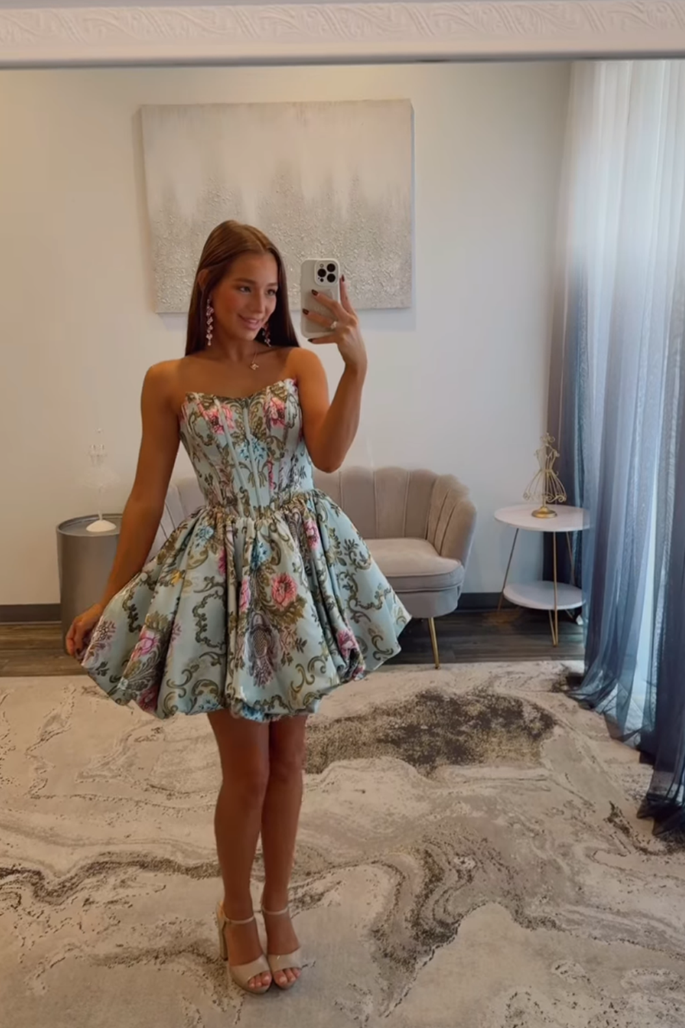 Floral Green Corset Strapless Short Satin Homecoming Dress