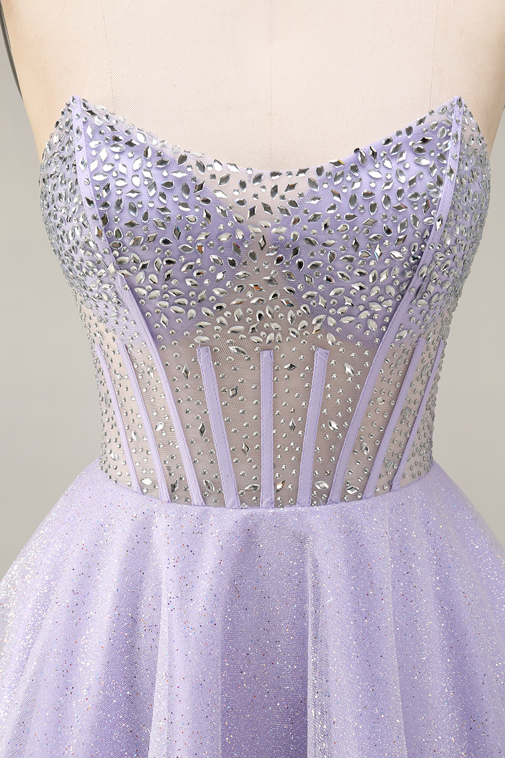 Sparkly Lilac Sequins A Line Strapless Short Corset Homecoming Dress with Beading