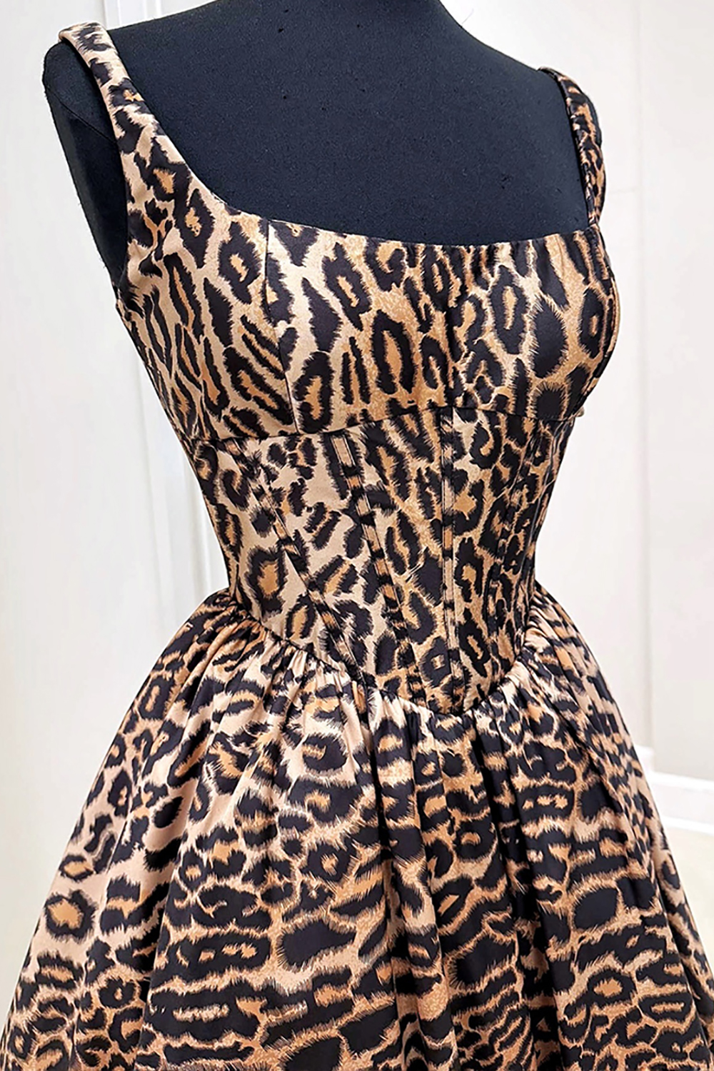 Brown Leopard Square Neck A-Line Short Homecoming Dress