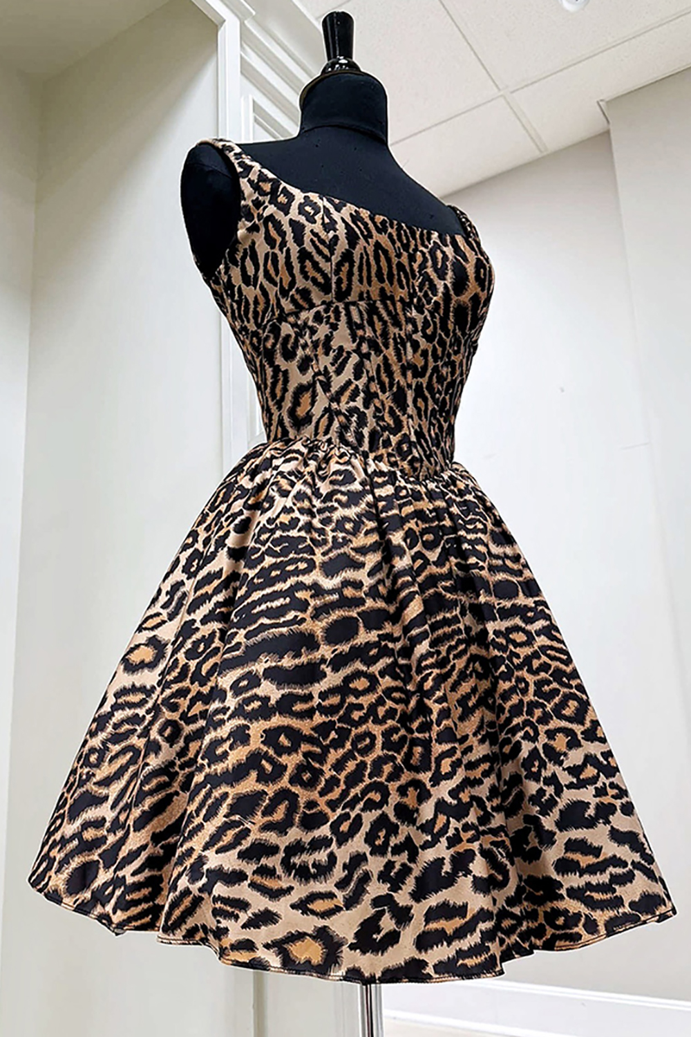 Brown Leopard Square Neck A-Line Short Homecoming Dress