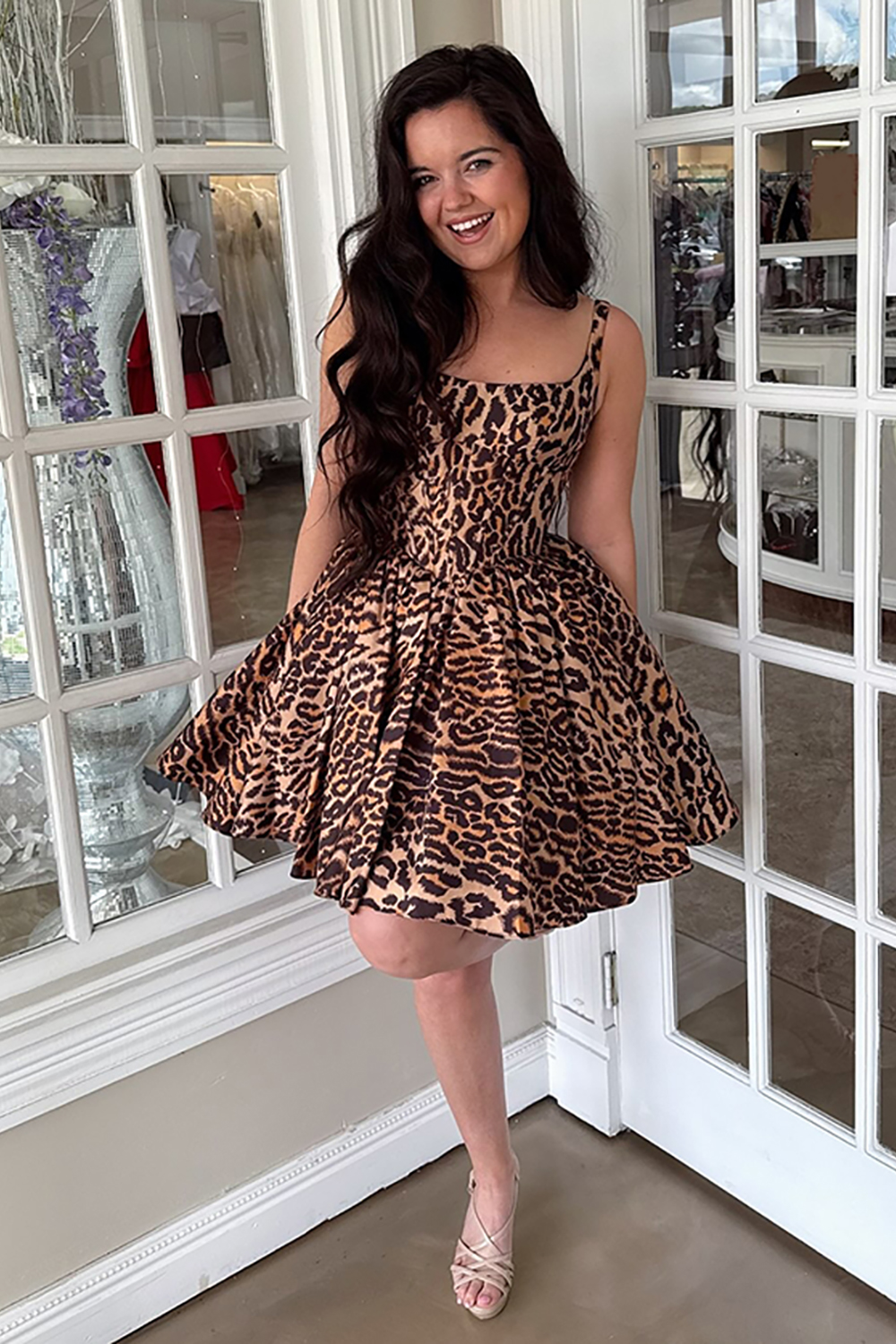 Cute Brown Leopard A Line Square Neck Short Homecoming Dress
