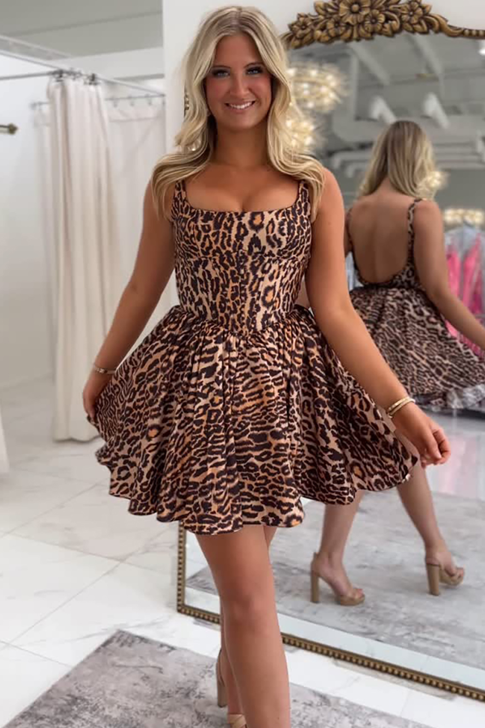 Brown Leopard A-Line Square Neck Short Homecoming Dress