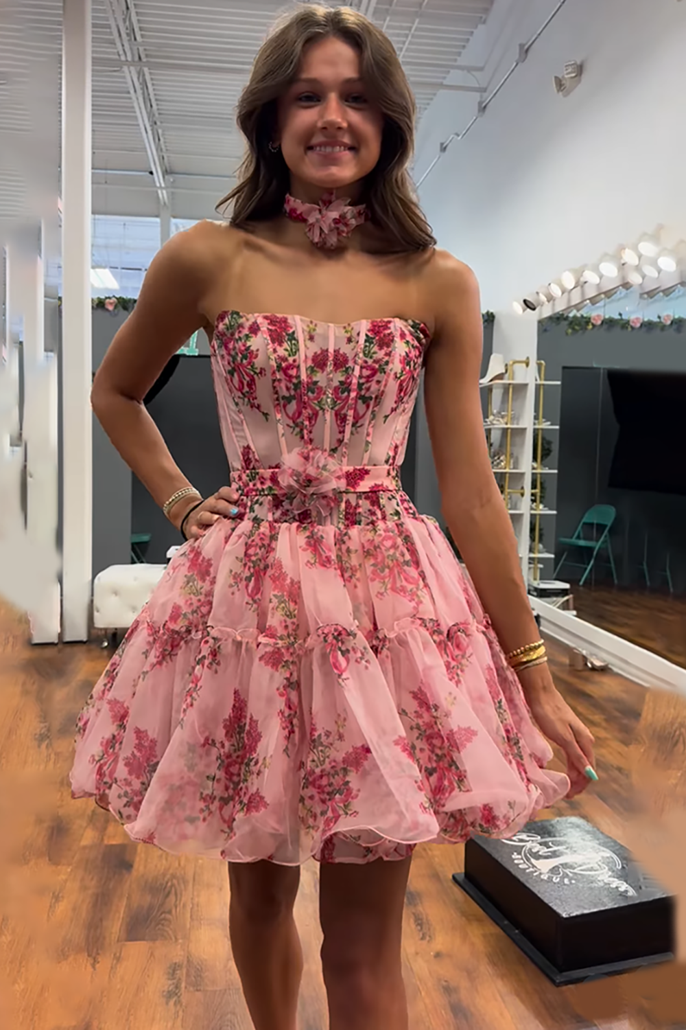Floral Pink Strapless A Line Short Corset Homecoming Dress with Ruffles