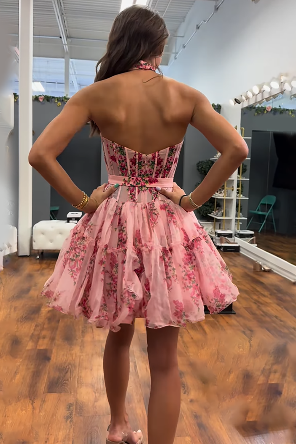 Floral Pink Strapless A Line Short Corset Homecoming Dress with Ruffles