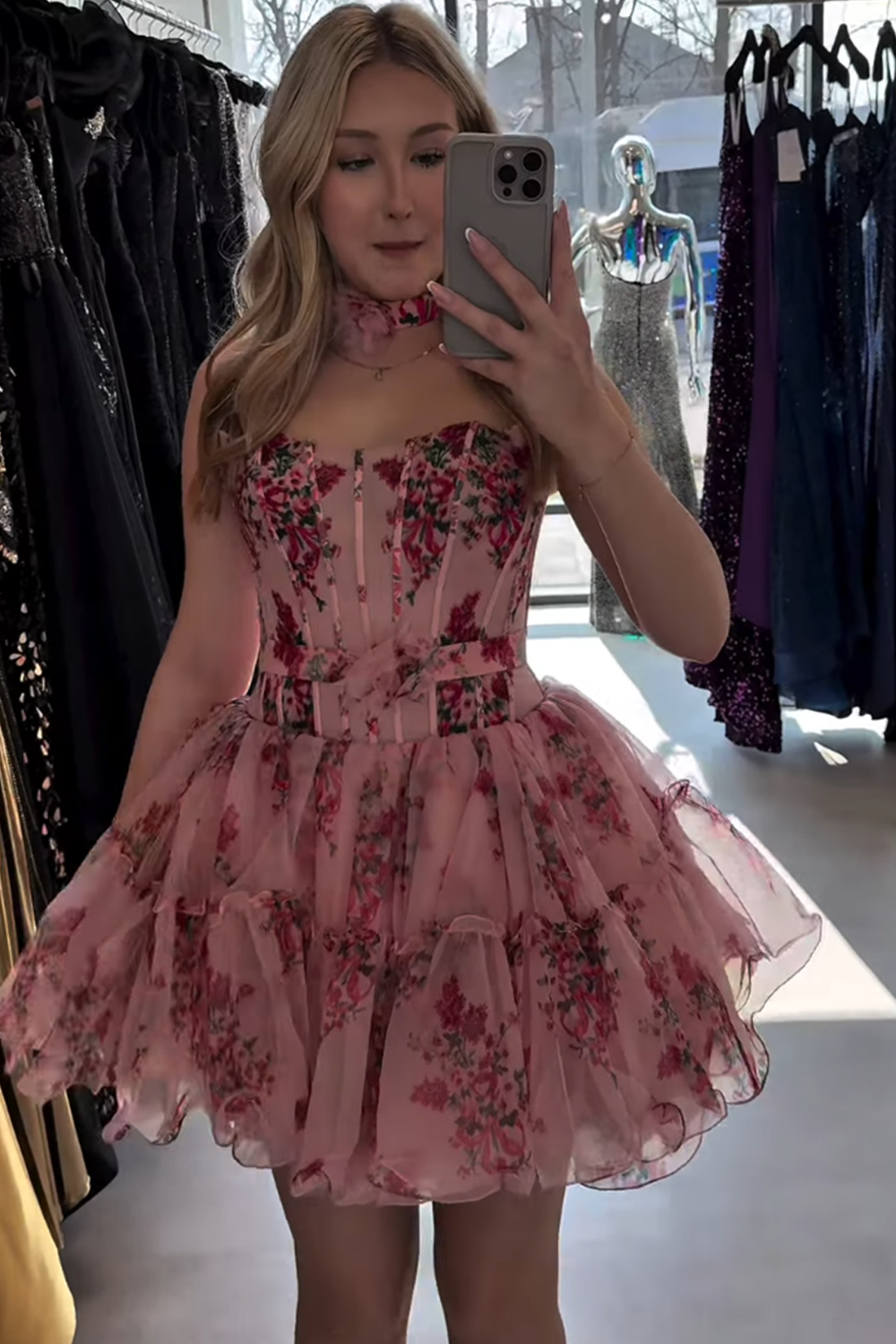 Pink Flower Corset Strapless A Line Ruffled Short Homecoming Dress