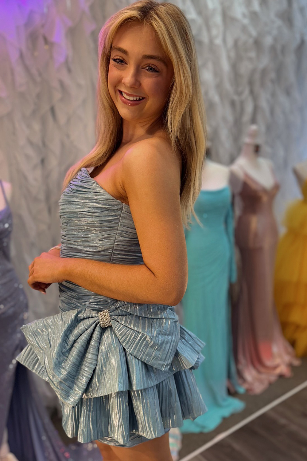 Light Blue A Line Pleated Short Homecoming Dress with Bow