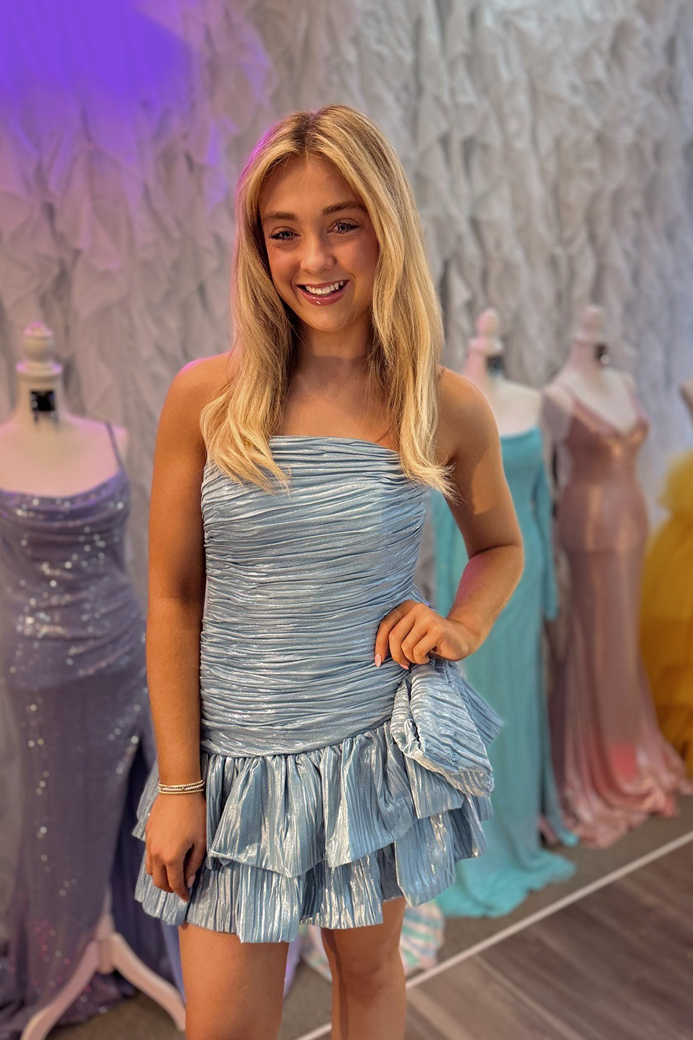 Light Blue A Line Pleated Short Homecoming Dress with Bow