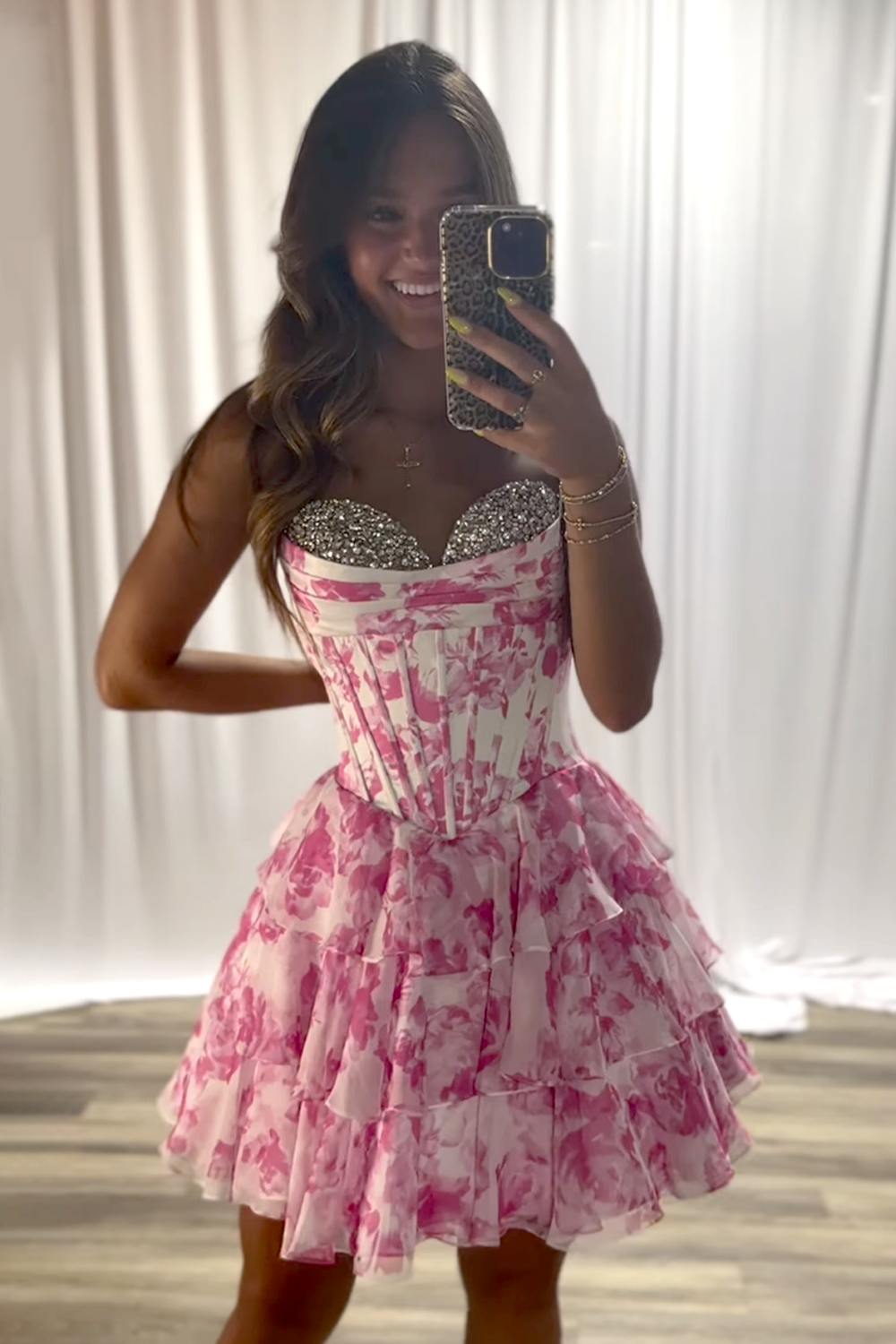 Floral Pink Corset A Line Short Chiffon Homecoming Dress with Beading