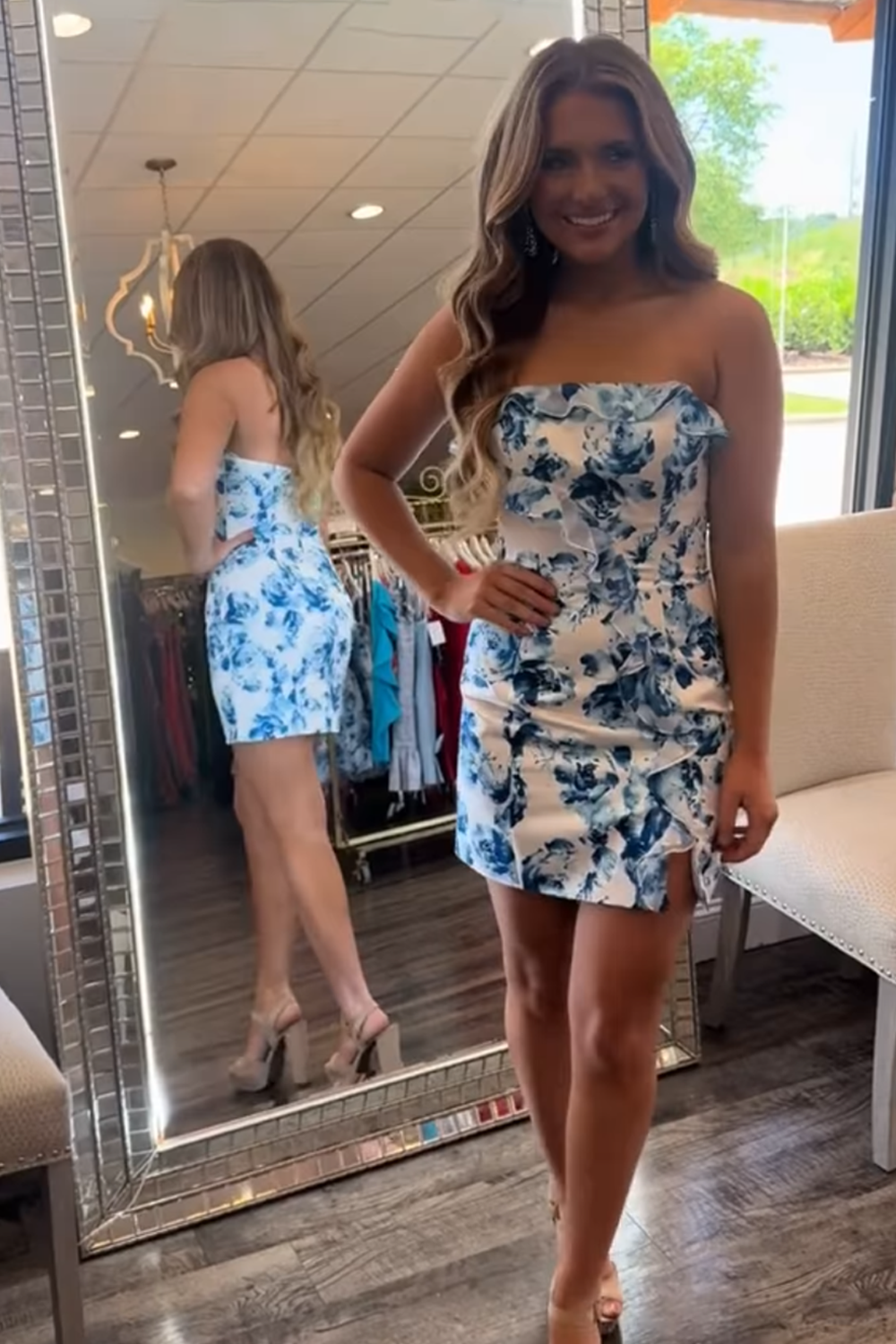 Blue Flower Satin Tight Short Homecoming Dress with Ruffles